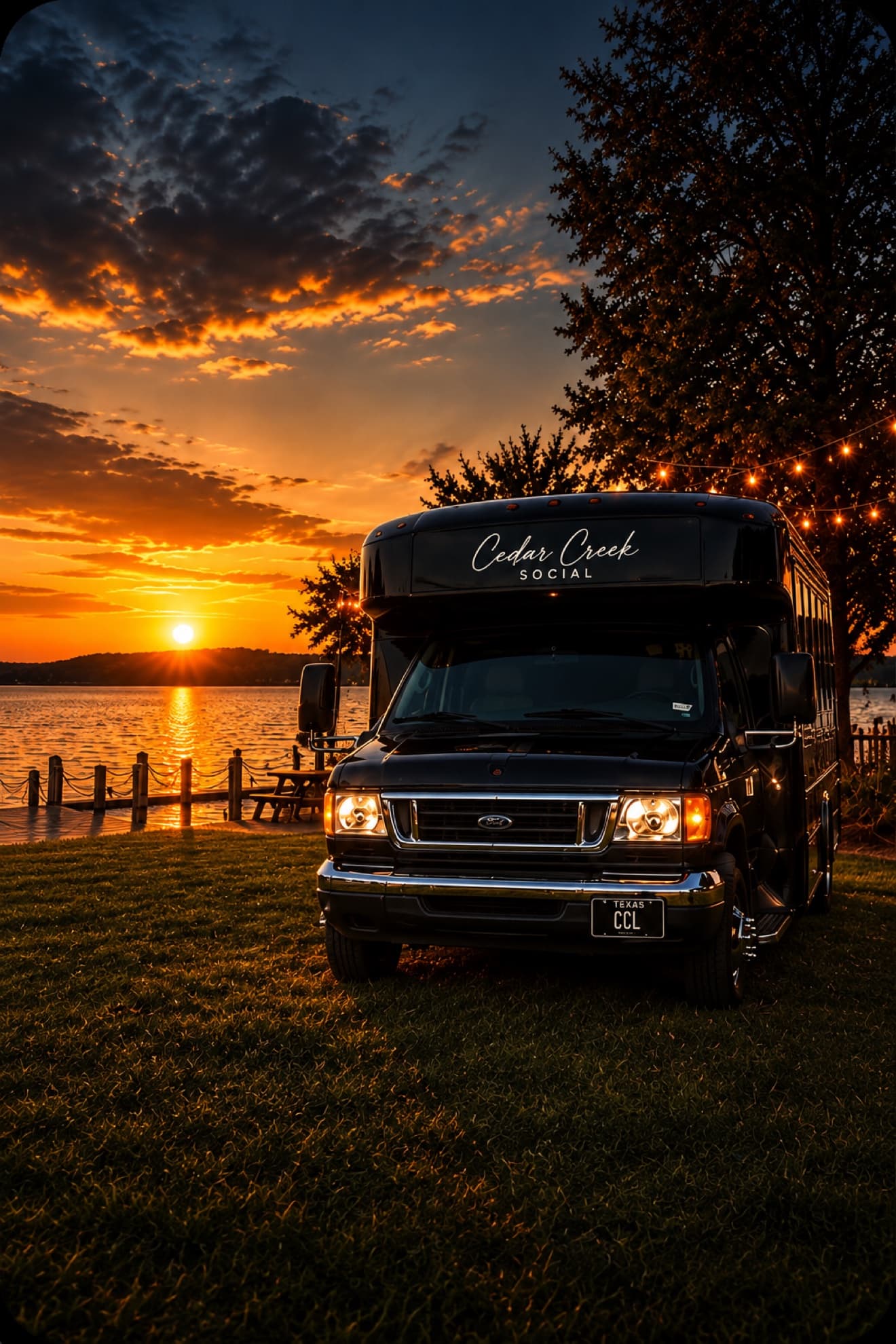 Cedar Creek Social party bus at sunset on Cedar Creek Lake