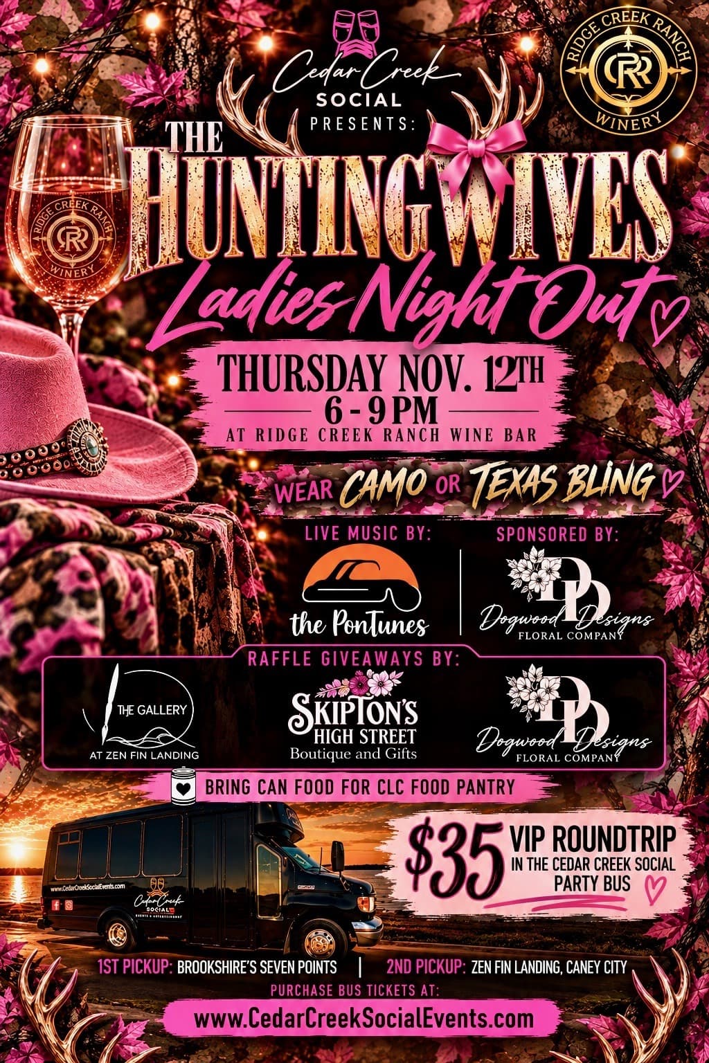 The Hunting Wives Ladies Night Out flyer, Thursday November 12 at Ridge Creek Ranch Wine Bar