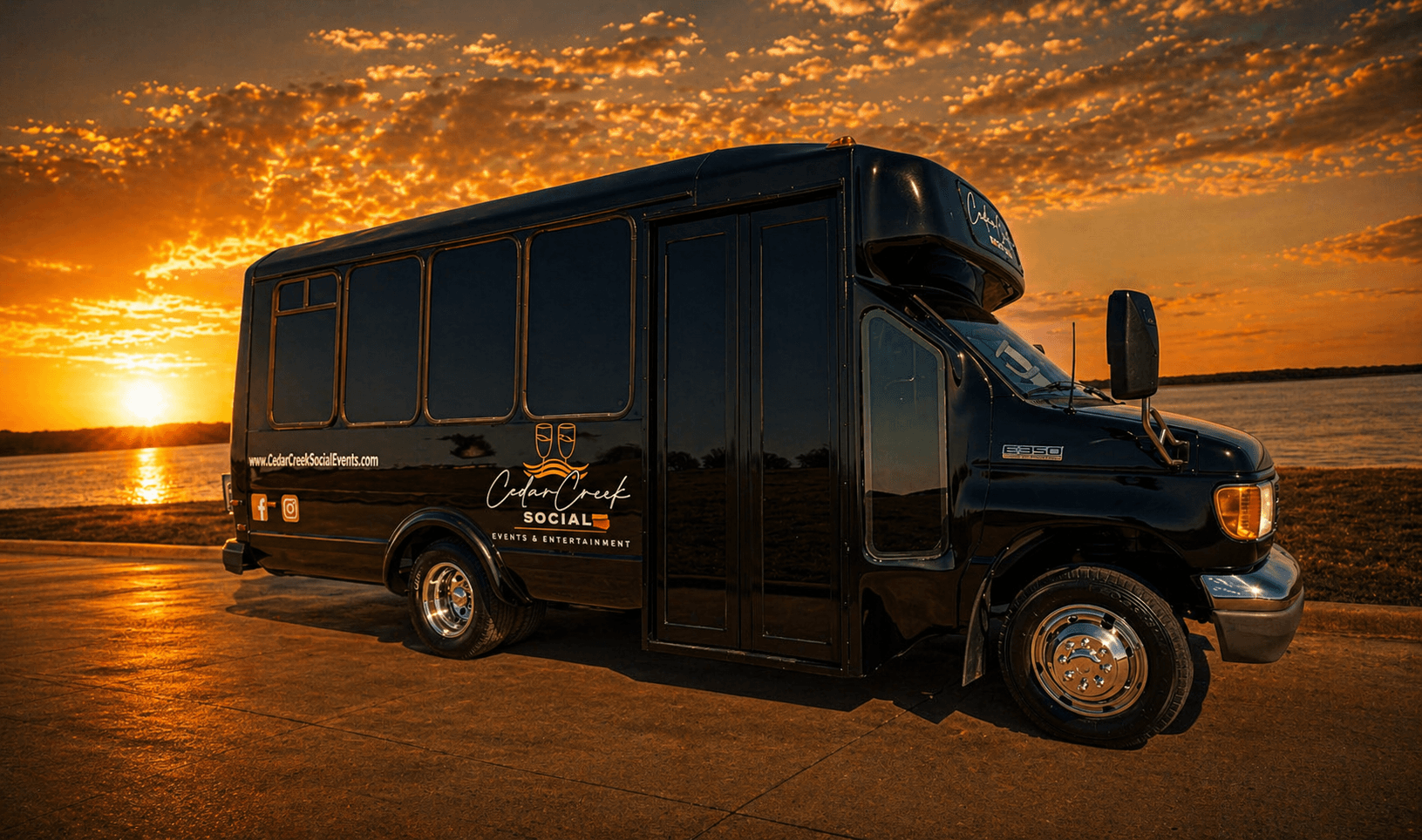 Cedar Creek Social party bus at sunset