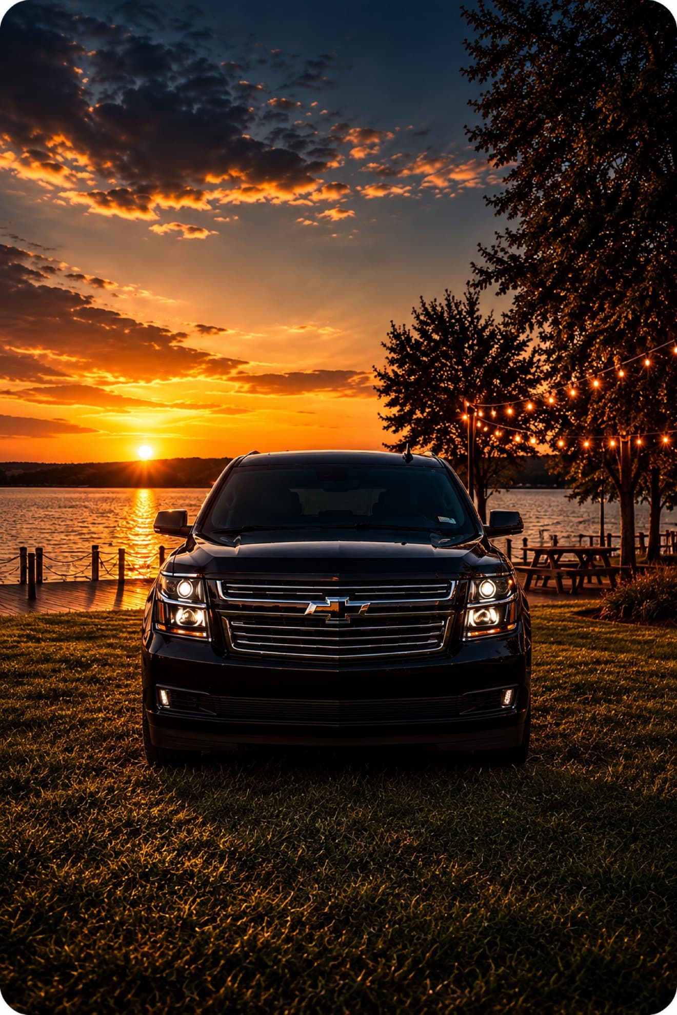 Black Chevrolet Suburban at sunset